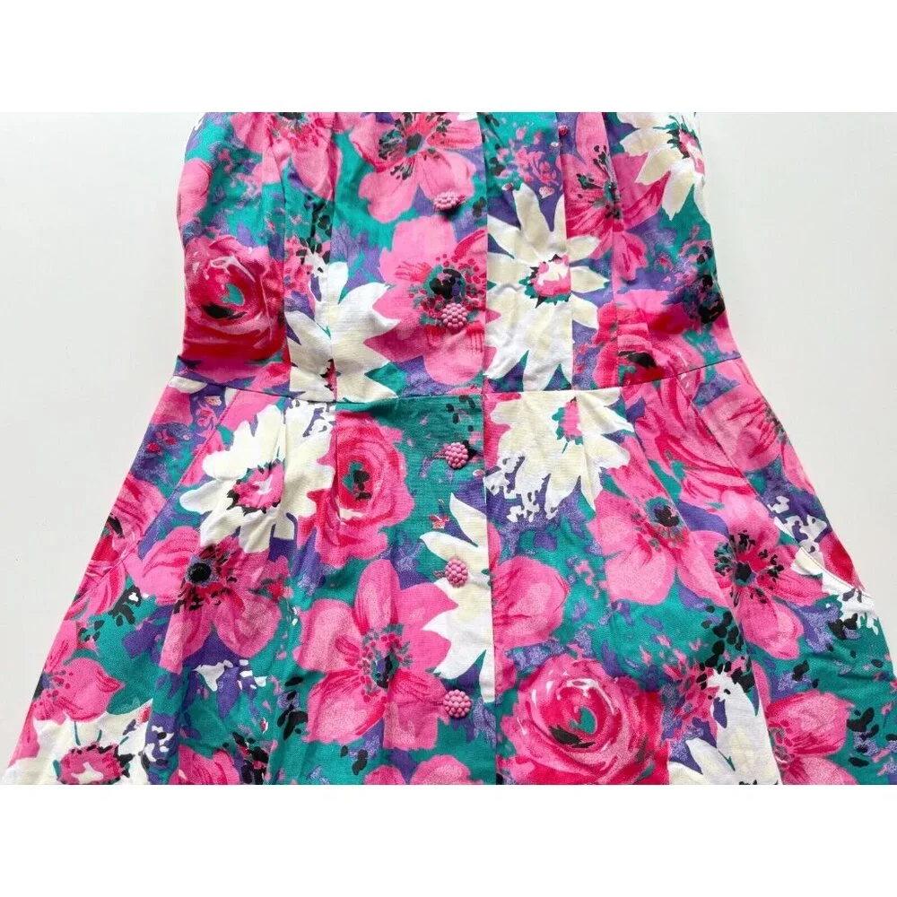 Vintage 80's CANNES Pink Floral Cotton Canvas Halter Midi Circle Dress, Size 14 - Picture 9 of 15